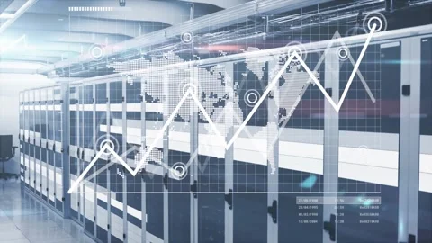 Sequence starting with racks filling frame fading world map drawing nodes and Stock Footage 331227153