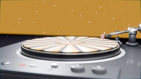 Sequence starting spinning DJ platter and tonearm moving inward on studio table, Stockbeeldmateriaal 337885955