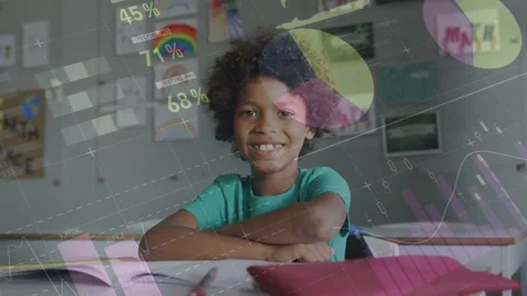 Sequence starting, student sitting in class as graphs growing over face showing Stock Footage 334351985