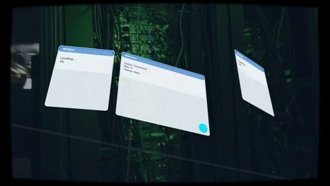 Sequence starting, three floating UIs rotating and aligning over network rack Stock Footage 333034796