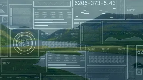 Sequence starting UI panels fading in loading data and gauges fluctuating for Stock Footage 320068761