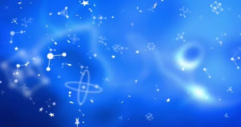 Sequence starting, white stars and atom icons drifting, rotating, brightening Stock Footage 329114675