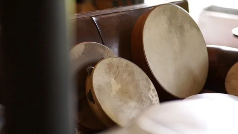 Sequence of vintage tambourines Video stock 94523981
