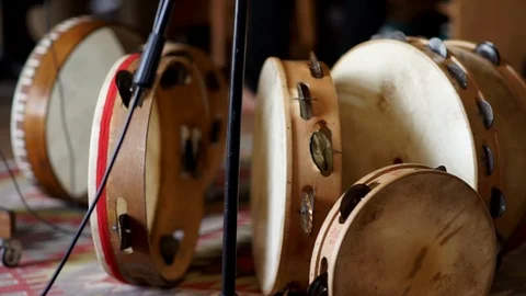 Sequence of vintage tambourines Stock Footage 94557281