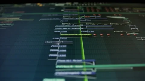 Sequencer with a huge musical project - the playhead moves along the music tr Stock Footage 221189893