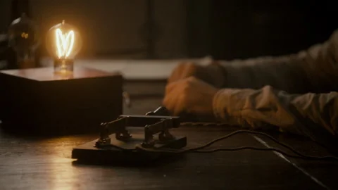 Sequences of Thomas Edison and Nikola Tesla demonstrating their inventions, USA, Stock Footage 236630734