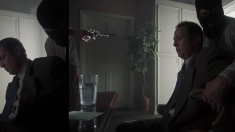 Sequences of two armed men robbing a bank, USA, 1950s - Reenactment Stock Footage 238866653