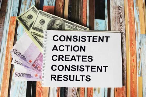 Sequential action creates a consistent result, text on notepad, next to dolla Stock Photos