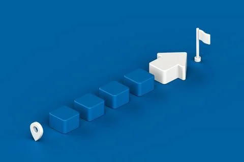 Sequential blue block leading to white arrow and flag, symbolizing step by .. Stock Photos