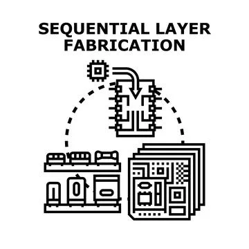 Sequential layer fabrication process assembling electronic components Stock Illustration