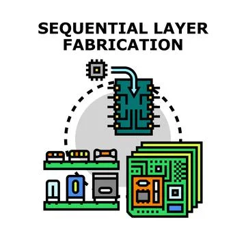 Sequential layer fabrication process assembling electronic components Stock Illustration