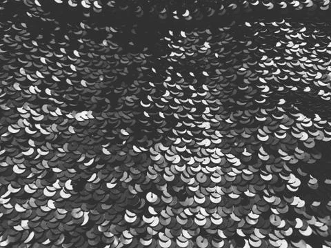 Sequin fabric. Black sequins with white and gray sheen. Reflection of light o Stock Photos