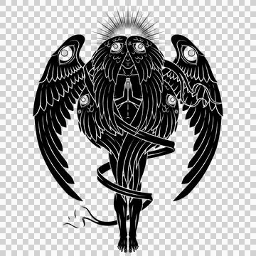 Seraph with six wings surrounded with a ribbon Stock Illustration