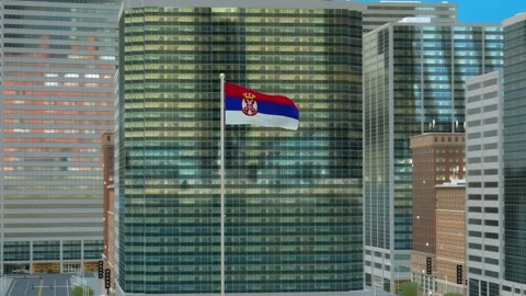 Serbia Flag 3D Render Animation on Pole with Modern Business District Buildi Stock-Footage 332882779