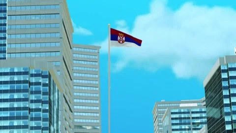 Serbia Flag 3D Render Animation with Urban Architecture and Clear Blue Sky Stock-Footage 333046541