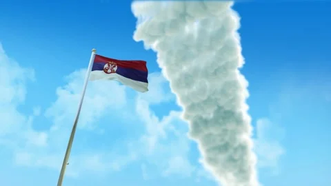 Serbia Flag 3D Render Animation on Pole with Fighter Jets Smoke Trails in Bl Stockbeeldmateriaal 333252188