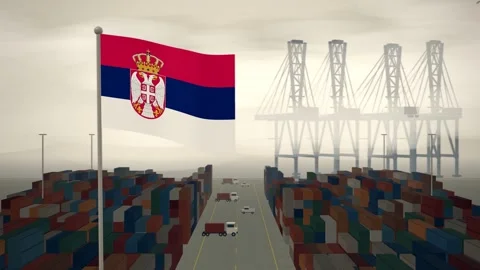 Serbia Flag Flying Over A Container Port Terminal In Morning Haze Vídeos de archivo 344408098