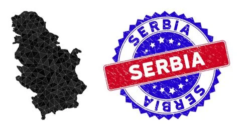 Serbia Map Triangle Mesh and Scratched Bicolor Seal Stock Illustration