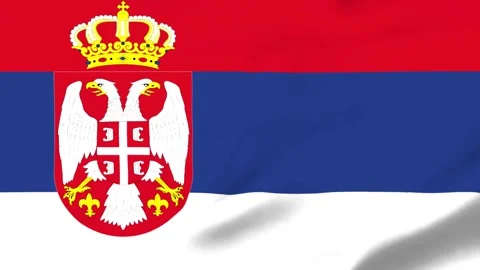 Serbian flag with coat of arms featuring doubleheaded eagle and crown Vídeo Stock 343317394
