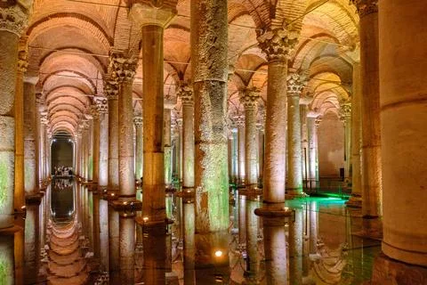 Serefiye Cistern Ancient Marble Pillars and Vaulted Ceilings, Istanbul Stock Photos