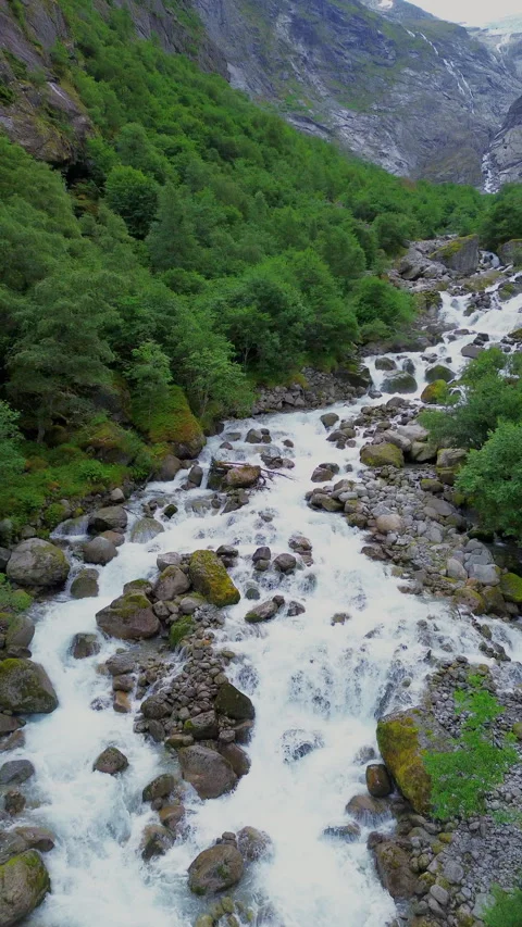 Serene 4K Mountain Stream Flowing Through Lush Green Valley in Norway, Portrait Stock Footage 296016122