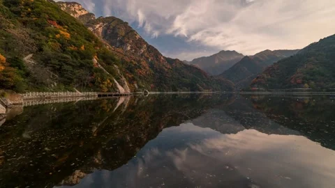Serene 4K Reflection of Mountains on Calm Lake at Dusk Stock Footage 323835032