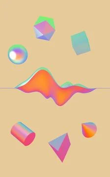 A serene abstract 3D scene with floating glossy forms and soft pastel gradi.. イラスト素材