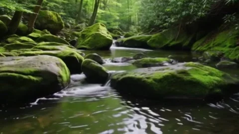 A serene and lush forest stream flowing gently over moss-covered rocks Stock Footage 340318435