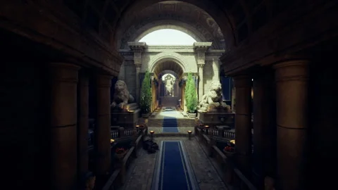 Serene and secluded garden corridor under dusk light with ivycovered sculptures Stock Footage 342425190