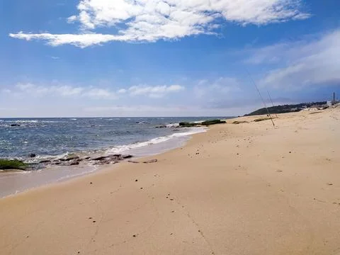 A serene and tranquil empty sandy beach on a sunny day with gentle ocean wave Stock Photos