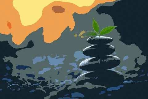 Serene Balancing Zen Stones Stack Background with Green Leaves Stock Illustration