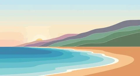 A serene beach scene with a mountain in the background Stock Illustration