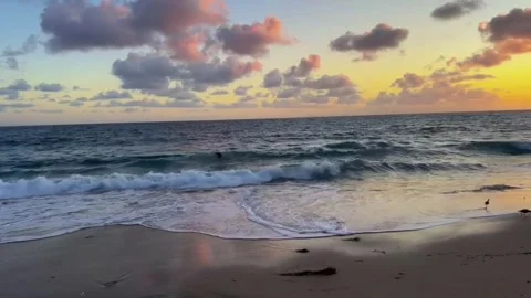 A serene beach scene at sunset with gentle waves and vibrant sky in a peaceful Vídeos de archivo 333021753