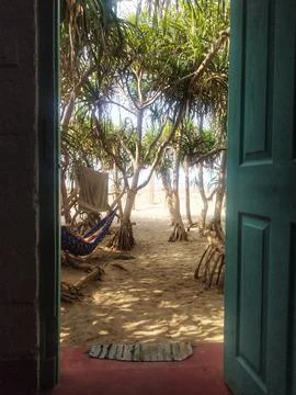 Serene Beach View Through Open Door with Hammock and Trees Stock Photos