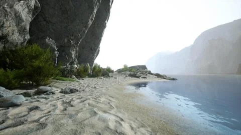 A serene beachscape with rocky cliffs and crystal-clear water Stock Illustration