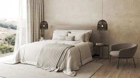 Serene bedroom interior with panoramic view, featuring cozy bedding and stylish 스톡 일러스트