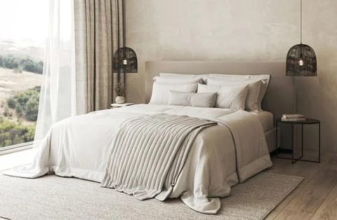 Serene bedroom interior with panoramic view, featuring cozy bedding and stylish Ilustración de archivo