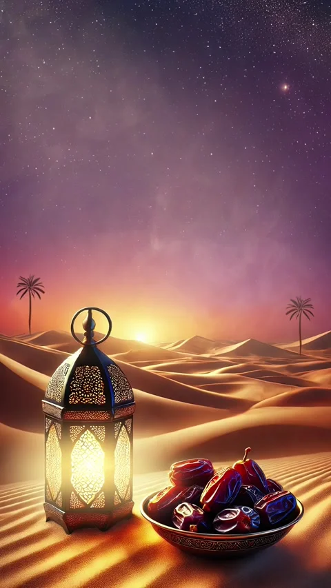 A serene desert sunset with a glowing lantern and a bowl of dates on sand dunes 動画素材 298891632