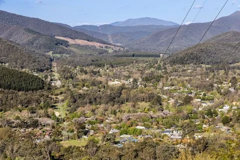 Serene elevated panoramic view of Bright town in Victoria Australia. It is a  Stock Photos