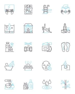 Serene escape linear icons set. Tranquility, Retreat, Peaceful, Calm, Stillness Ilustración de archivo