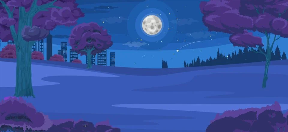 A serene forest clearing at night features a luminous moon casting soft light on Stock Illustration