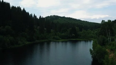 Serene forest lake, mountain view drone, tranquil water reflections Stock-Footage 310417397