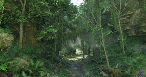 Serene forest path bathed in greenery and natural light Stock Illustration