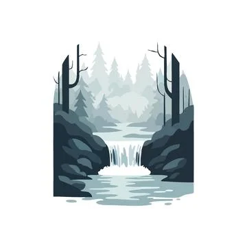 (Serene Forest Waterfall View. Experience the calm allure of a flowing casc.. Stock Illustration