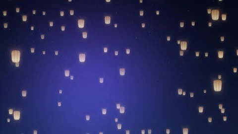 Serene glowing sky lanterns floating in night sky seamless loop animation Video stock 347086966