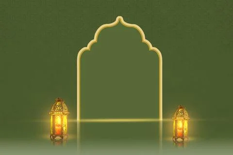 A serene green Islamic background featuring two glowing traditional lantern.. Foto stock