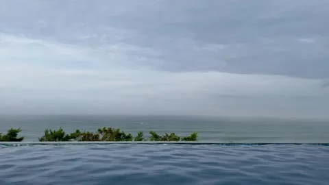 Serene Infinity Pool Overlooking the Calm Ocean and Cloudy Sky Stock Footage 340256647