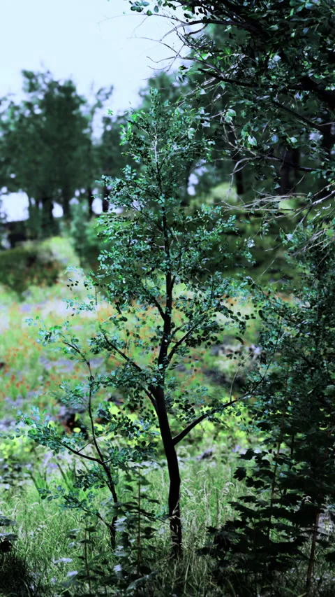 Serene isolated tree resting on gentle grassy slope surrounded by wildflowers Stock Footage 326351445