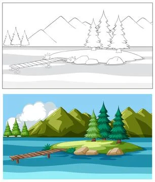 Serene Lake with Mountain Backdrop Illustrazione stock