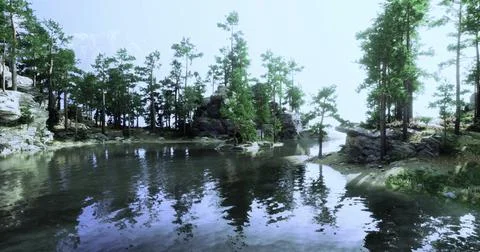 Serene lake surrounded by lush trees and rocky formations in bright daylight Stock Illustration